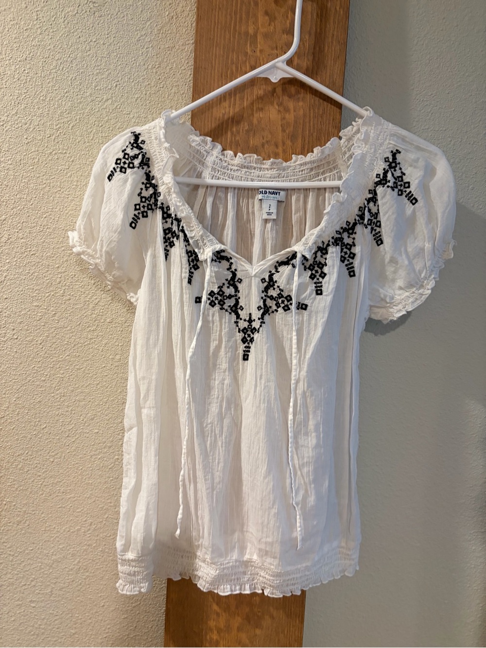 Old Navy White Blouse with Black Embroidery